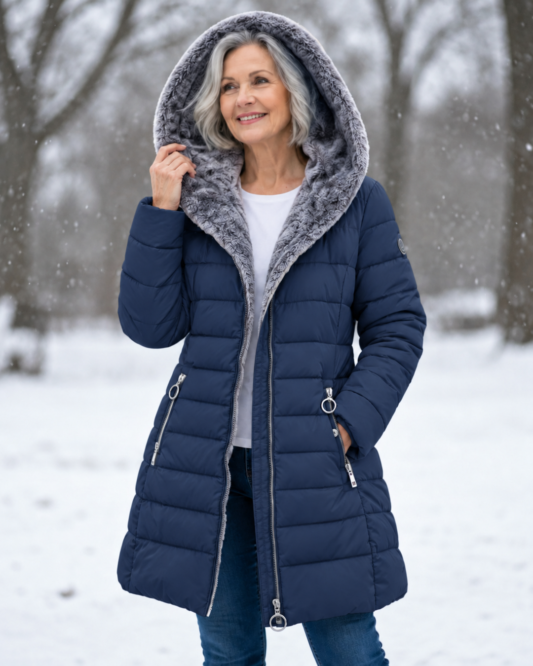 Woman wearing padded winter coat with hood
