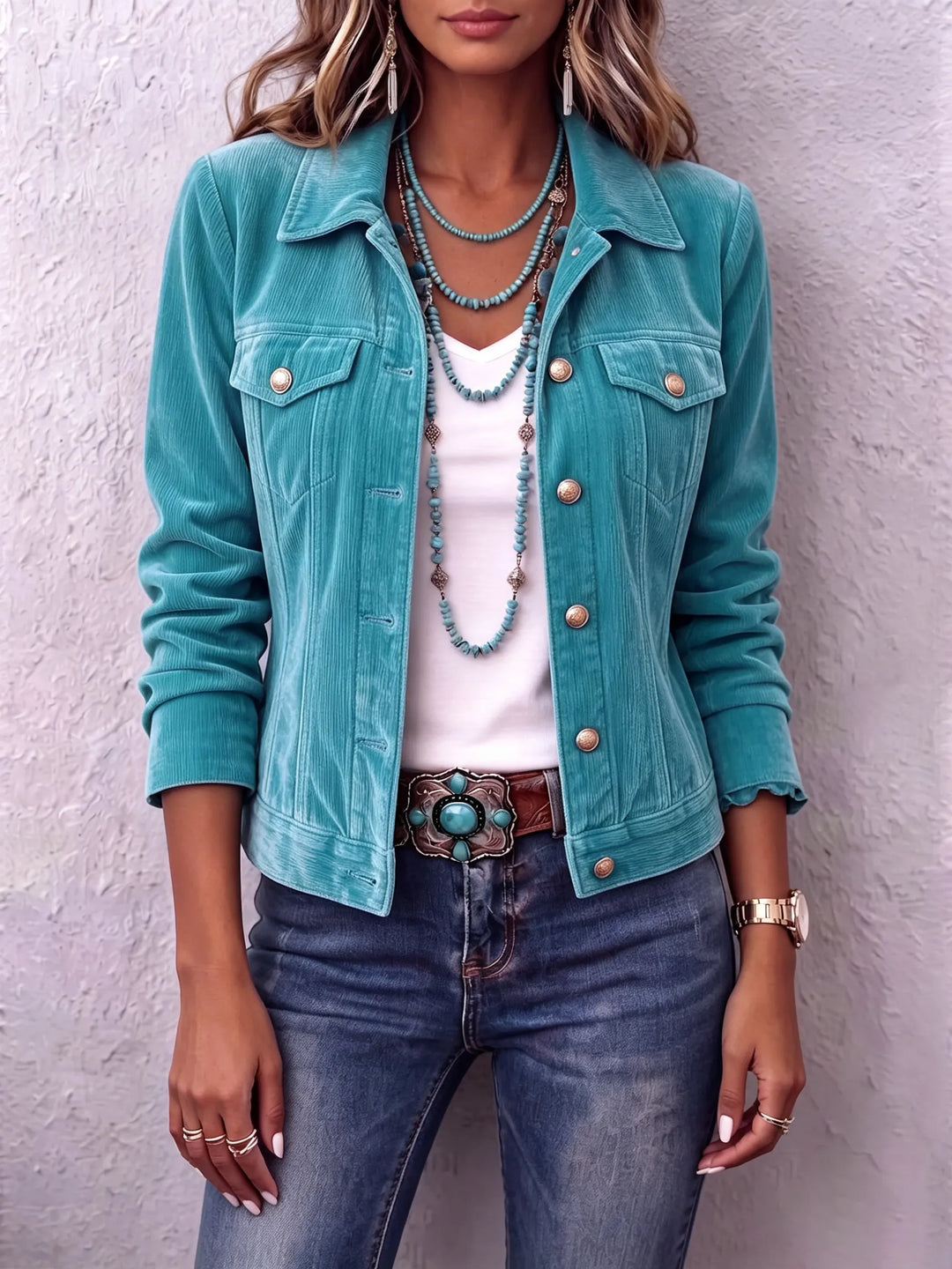 Woman in vintage wash button front jacket with chest pockets