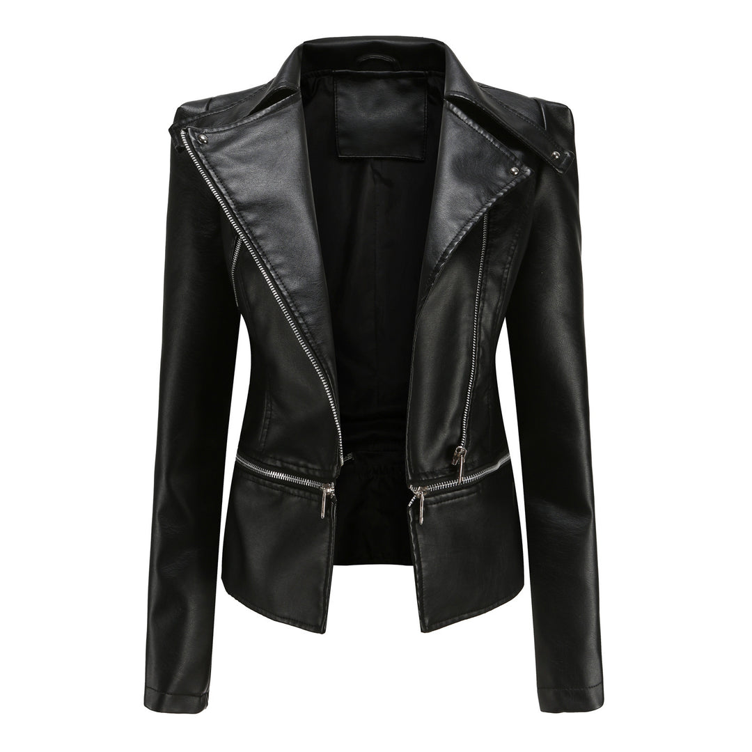 Women's black faux leather motorcycle jacket front view