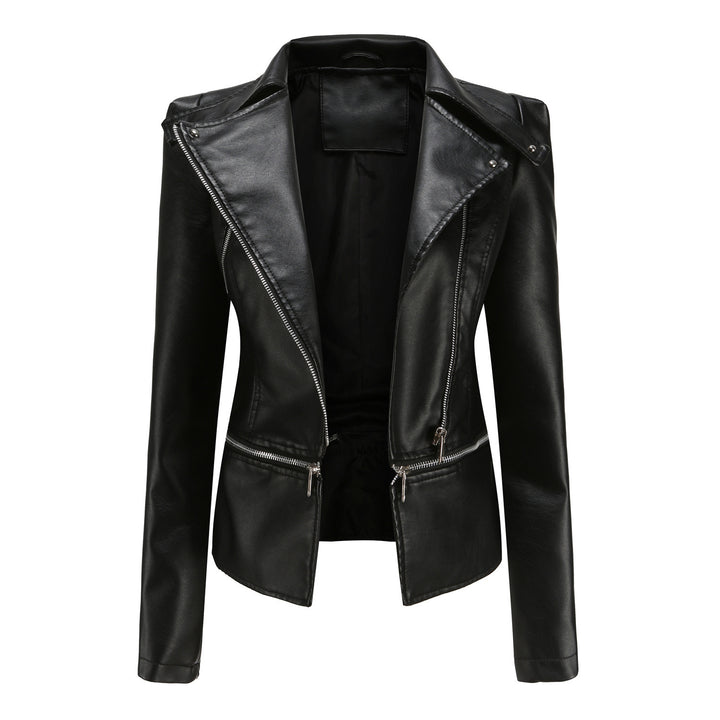 Women's black faux leather motorcycle jacket front view