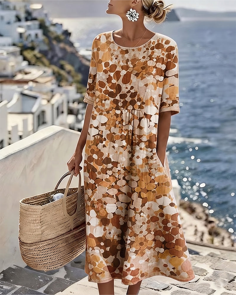 Woman wearing abstract floral print midi dress outdoors