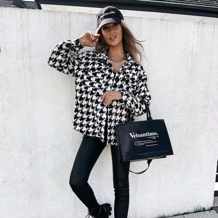 Women's black and white check shirt jacket with long sleeves