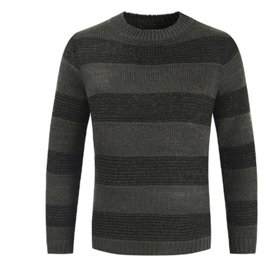 Men's striped knit round neck pullover sweater, front view