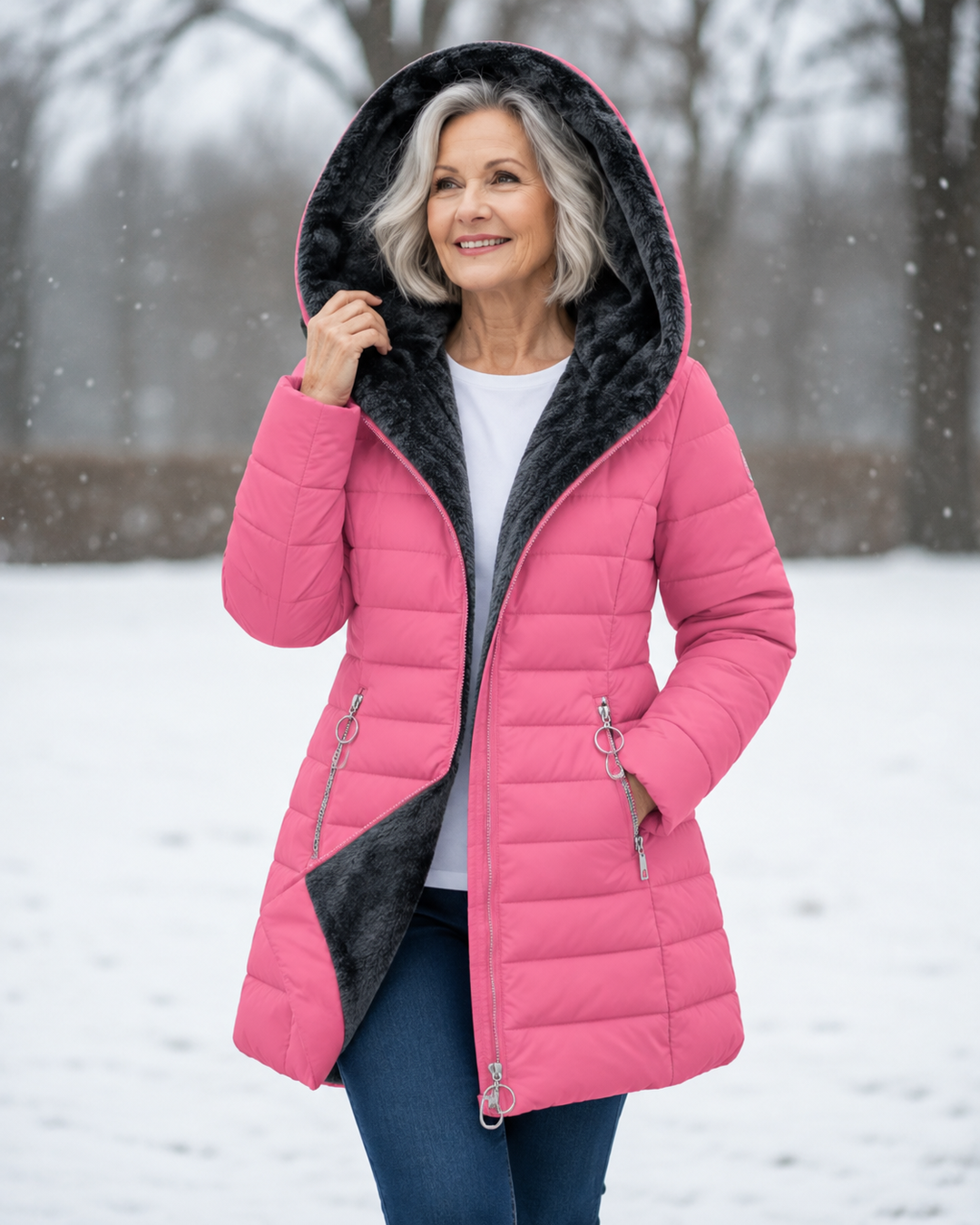 Woman wearing padded winter coat with hood