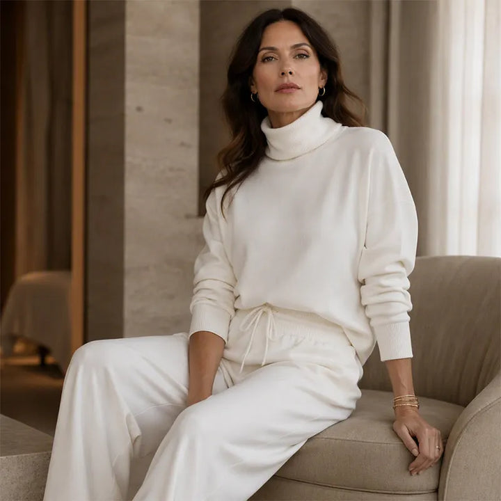Woman wearing turtleneck two-piece set with wide-leg pants