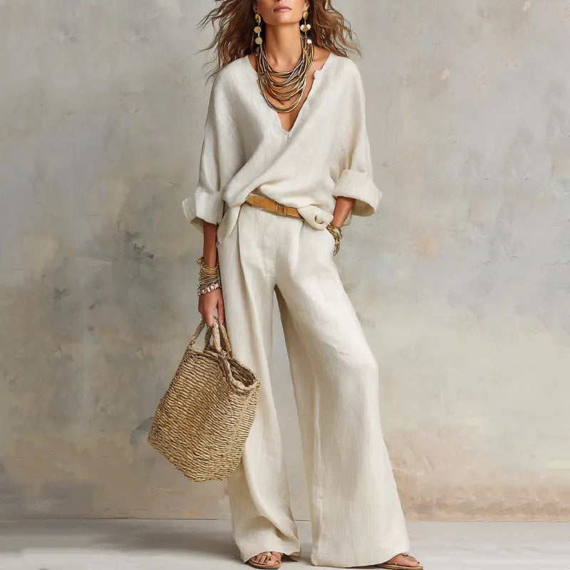 Woman wearing V-neck two piece set with wide leg pants