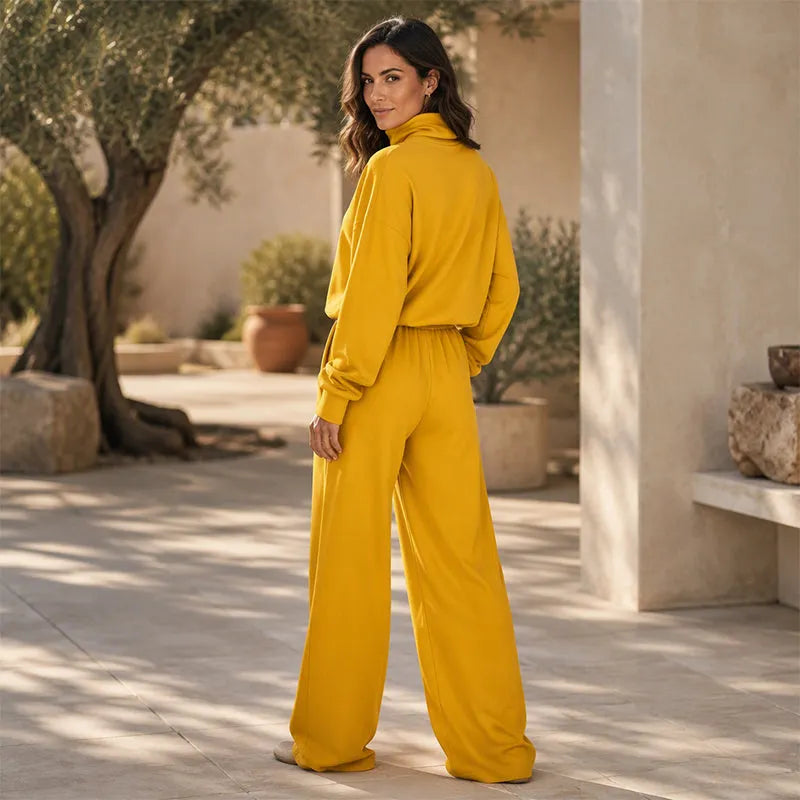 Woman wearing turtleneck two-piece set with wide-leg pants