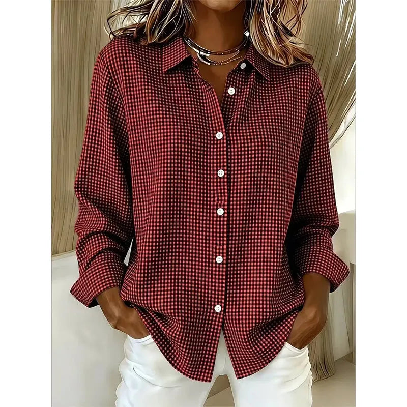 Woman wearing gingham button-up blouse with long sleeves