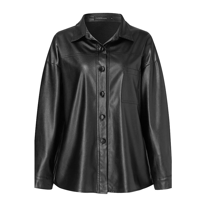 Women's black motorcycle jacket with loose biker-inspired fit