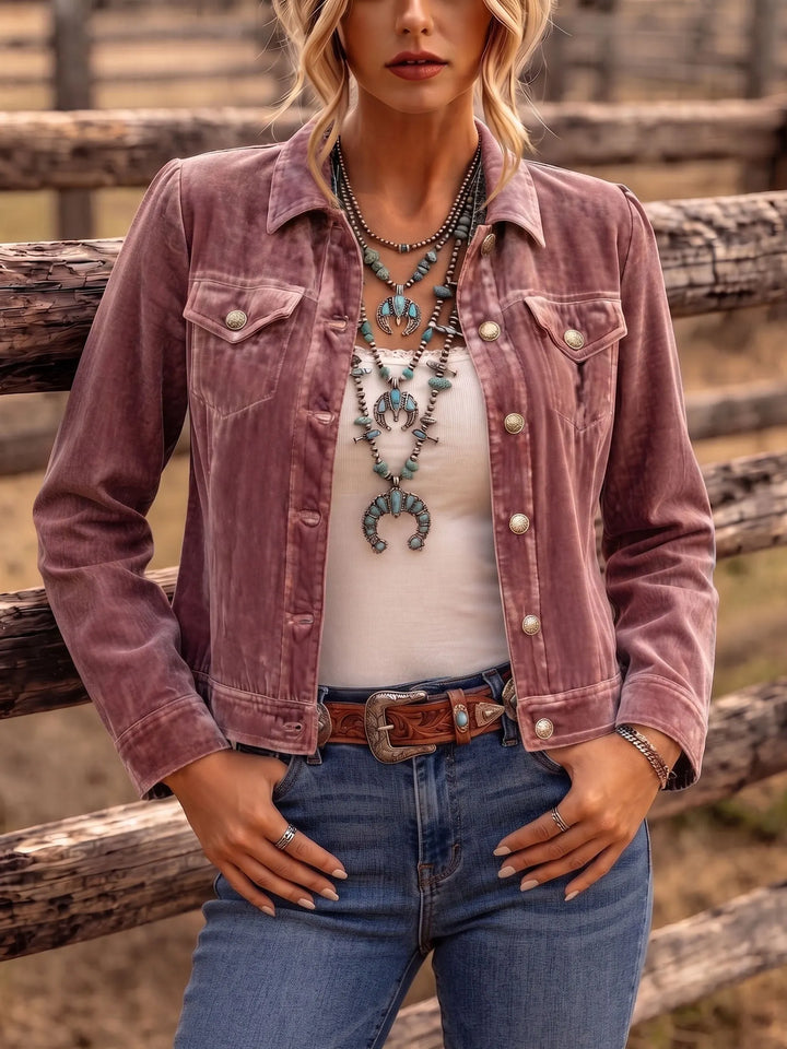 Woman in vintage wash button front jacket with chest pockets