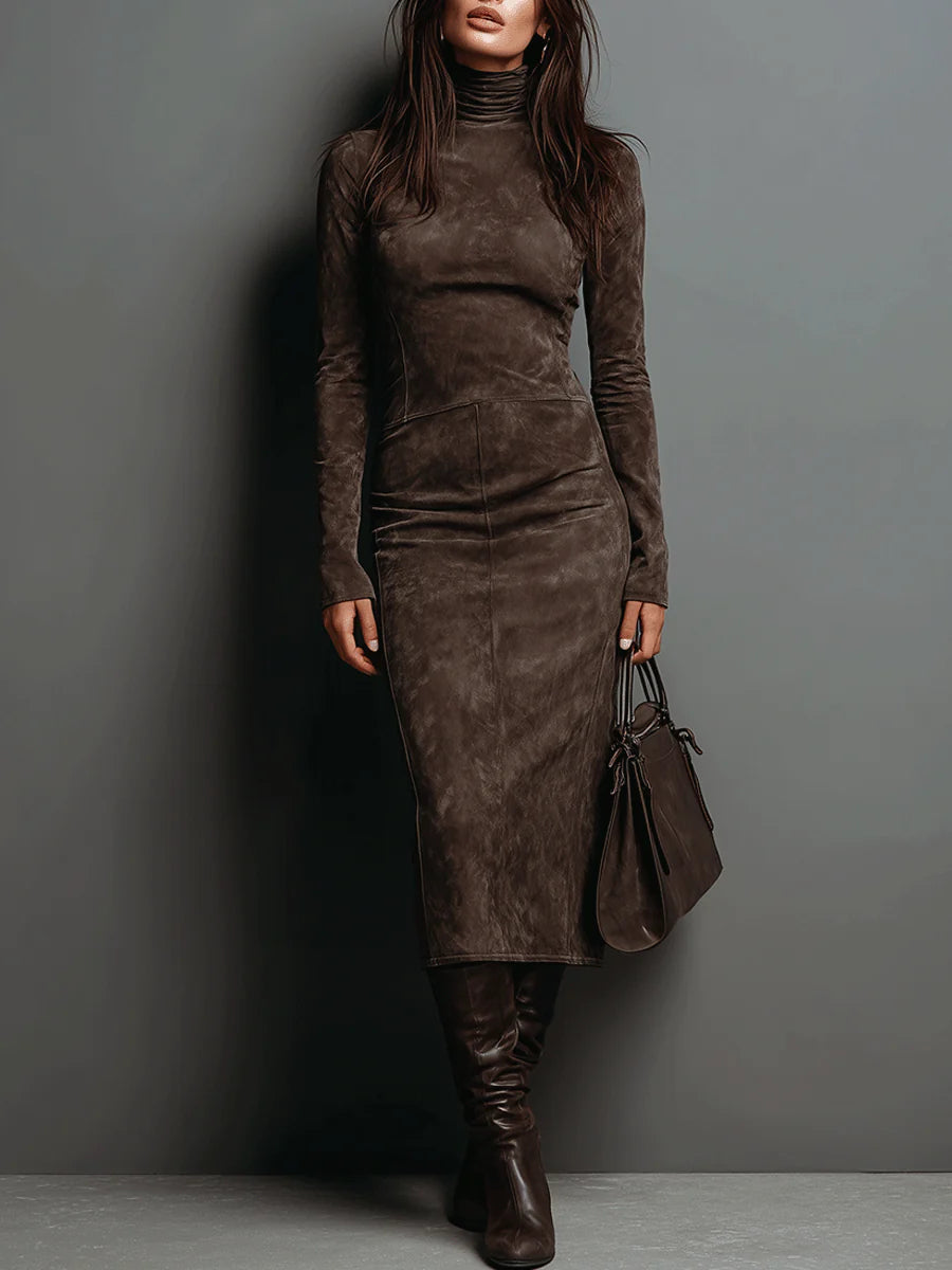 Woman wearing fitted midi dress with polo collar