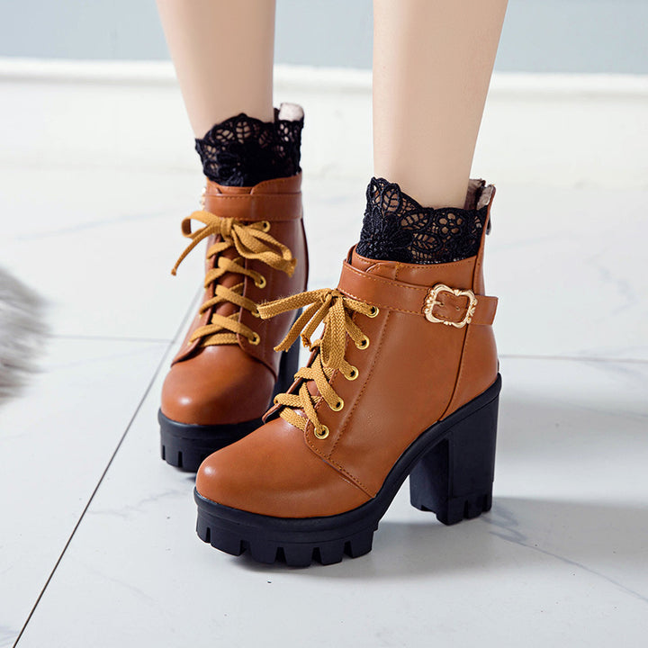 Women's black lace-up square heel ankle boots with side zip