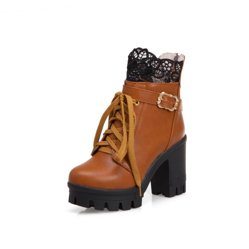 Women's black lace-up square heel ankle boots with side zip