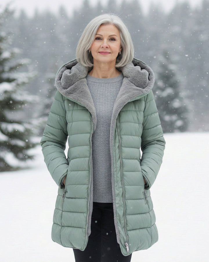 Woman wearing fleece-lined A-line puffer coat outdoors