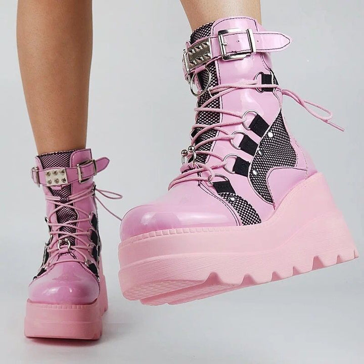 Pink platform wedge mid-calf boots for women