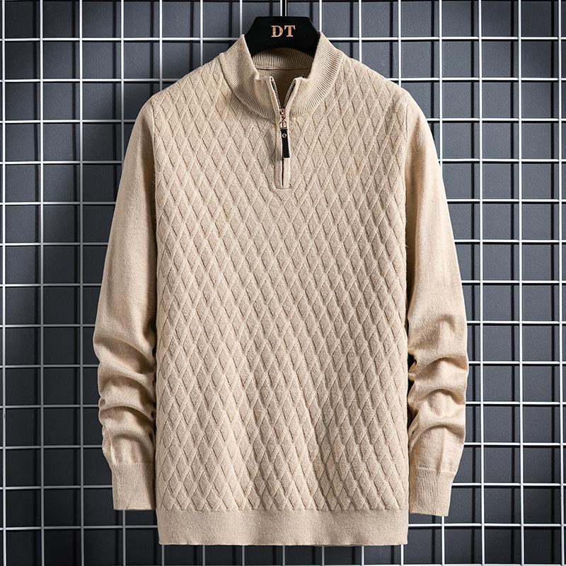 Men's diamond lattice half zip sweater in neutral colors
