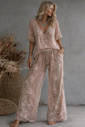 Amelia | Floral Embroidered Two Piece Set, V-Neck, Wide Leg