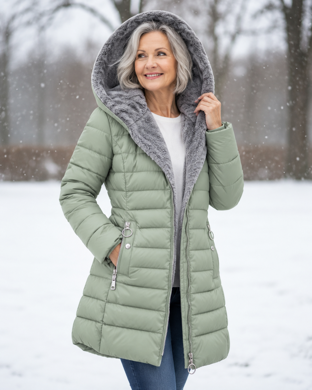 Woman wearing padded winter coat with hood