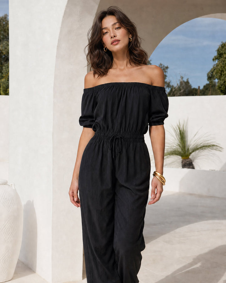 Black off-shoulder sleeveless full-length jumpsuit for women