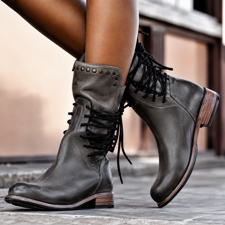 Studded lace-up mid-calf boots with block heel