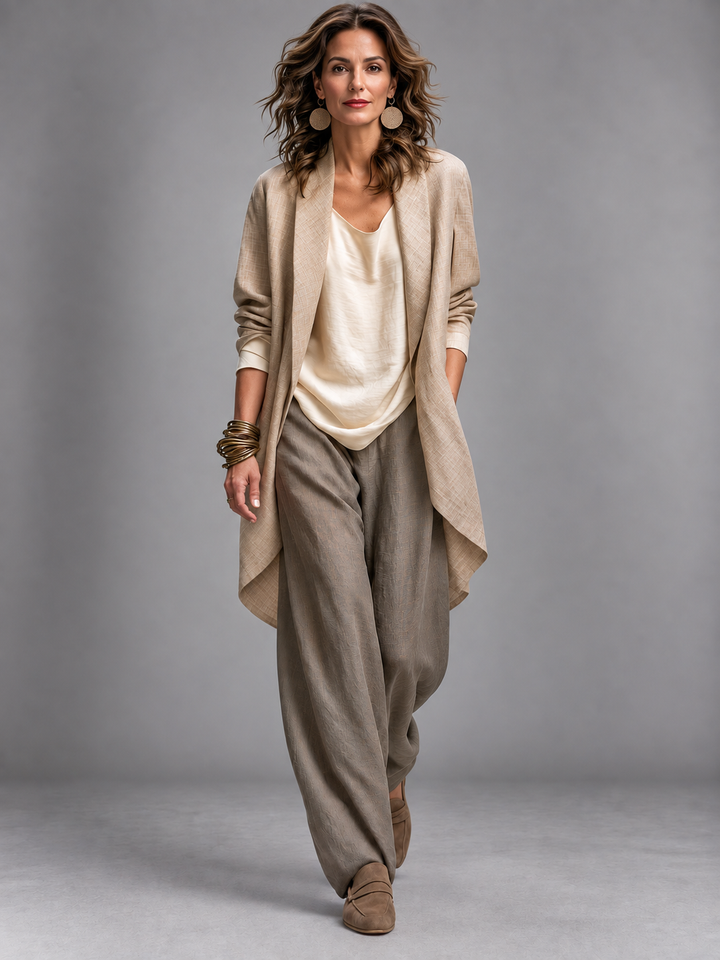 Woman wearing taupe three-piece wide leg pant set