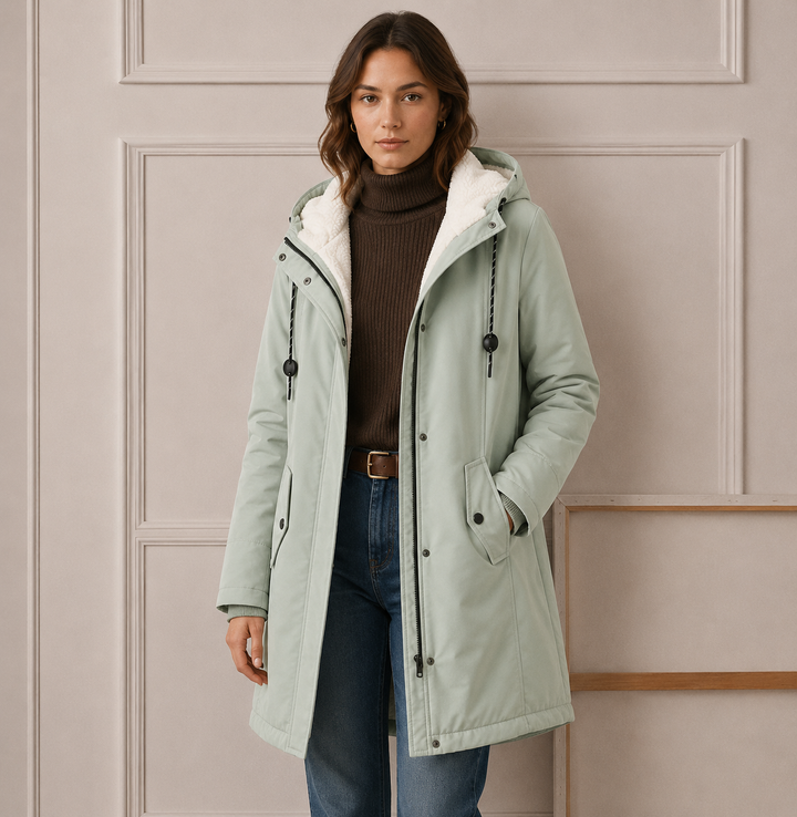 Woman wearing long quilted winter coat with hood