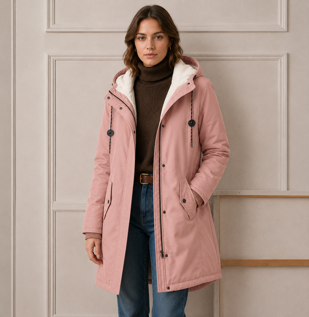 Woman wearing long quilted winter coat with hood