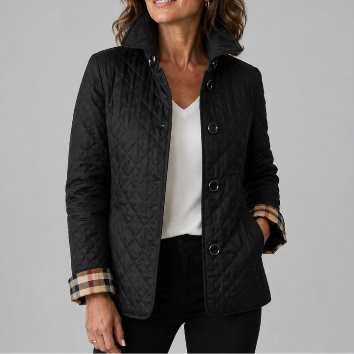 Woman wearing quilted diamond stitch button front jacket