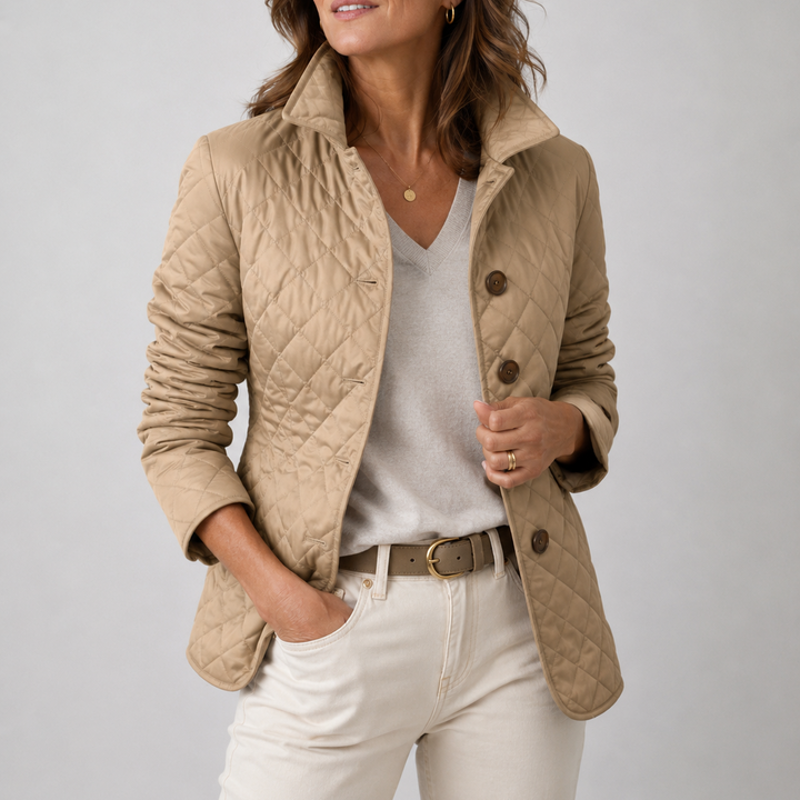 Woman wearing quilted diamond stitch button front jacket