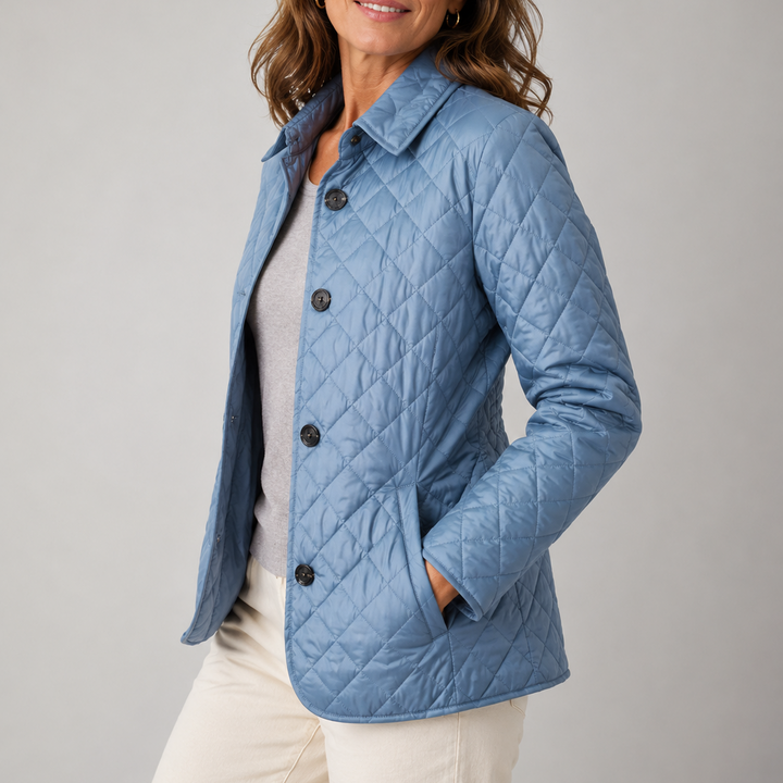 Woman wearing quilted diamond stitch button front jacket