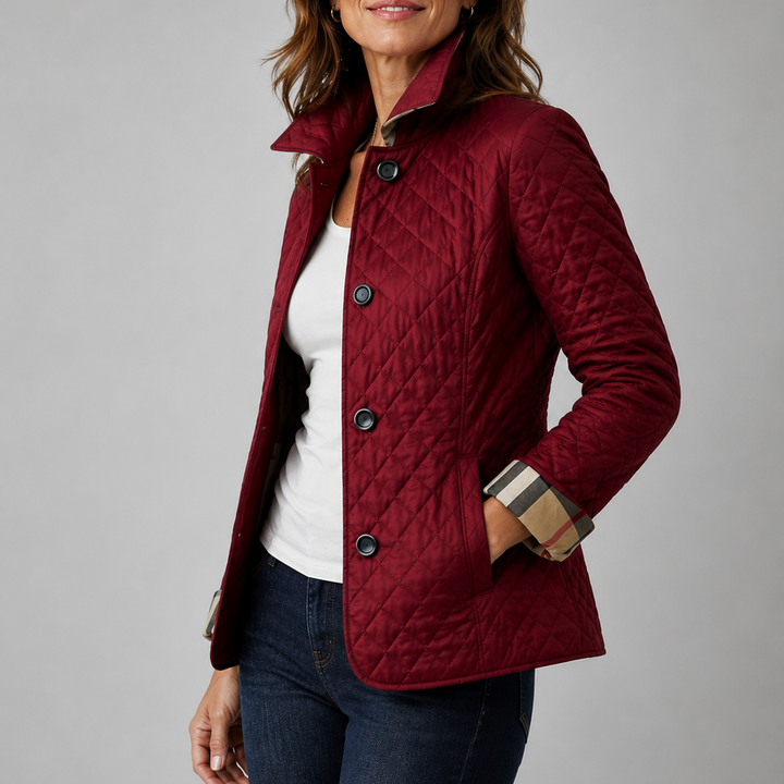 Woman wearing quilted diamond stitch button front jacket