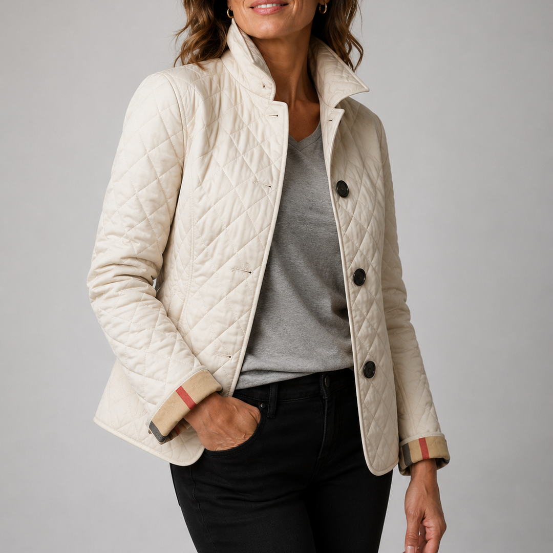 Woman wearing quilted button-front jacket with spread collar
