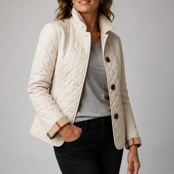 Woman wearing quilted button-front jacket with spread collar