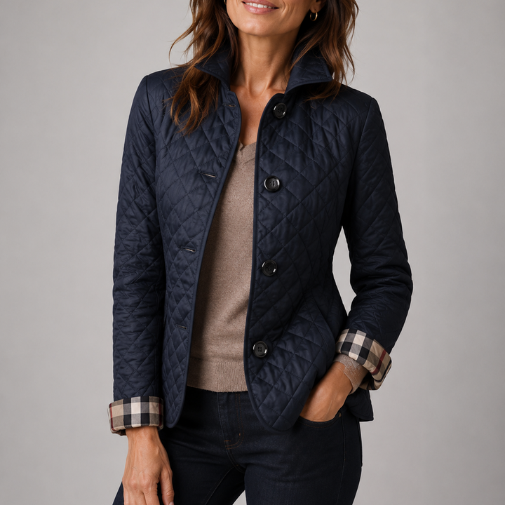 Woman wearing quilted diamond stitch button front jacket