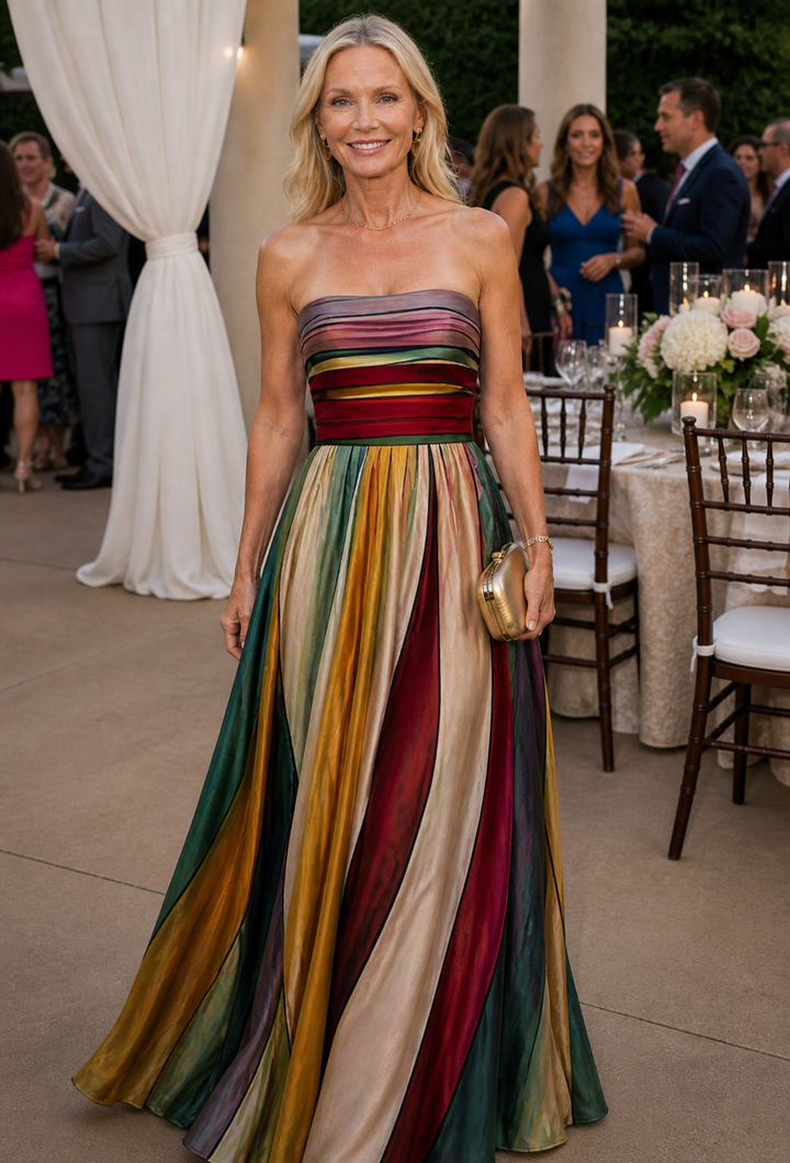 Woman wearing strapless A-line maxi dress