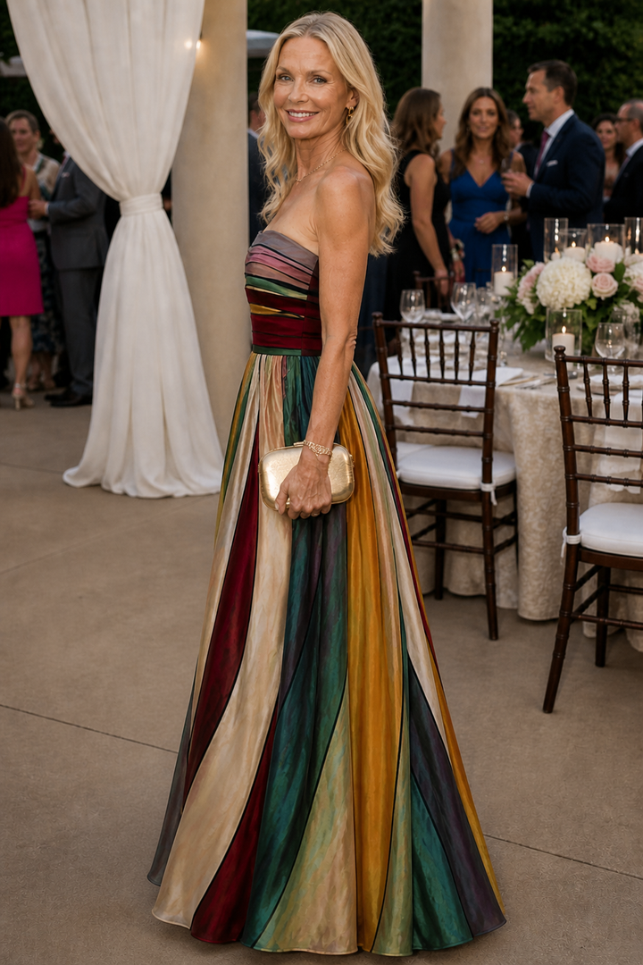 Woman wearing strapless A-line maxi dress