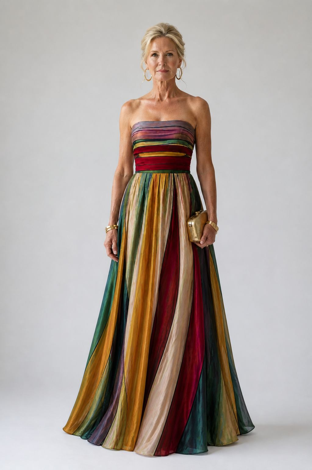 Woman wearing strapless A-line maxi dress