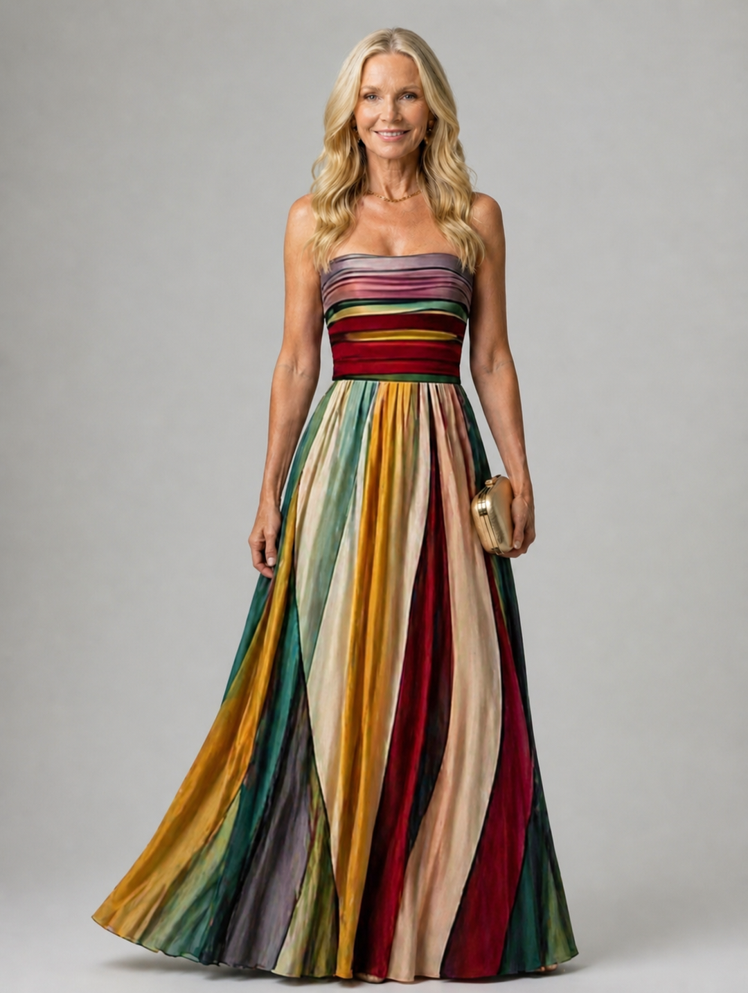 Woman wearing strapless A-line maxi dress