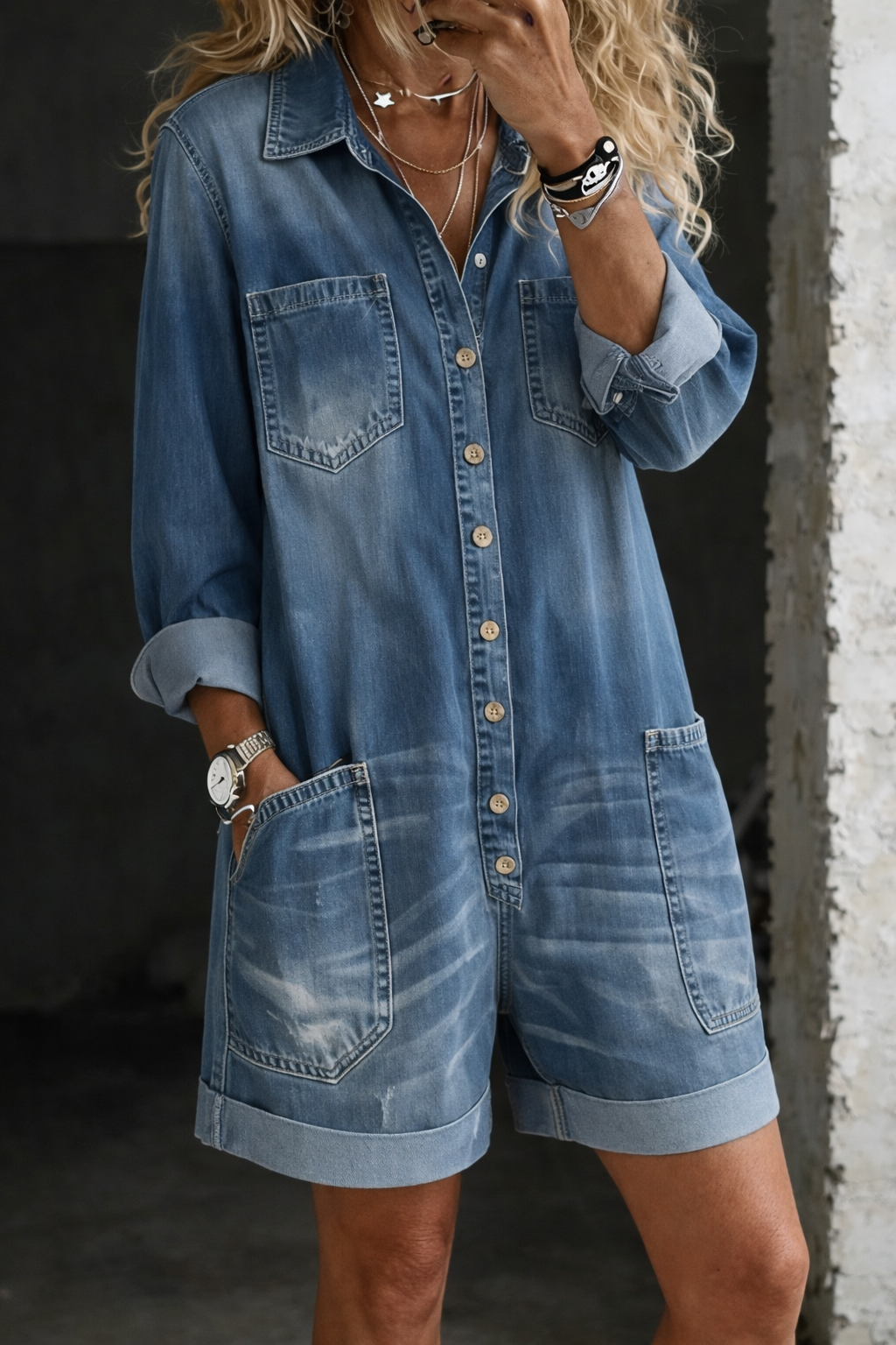 Woman wearing short denim jumpsuit with relaxed fit