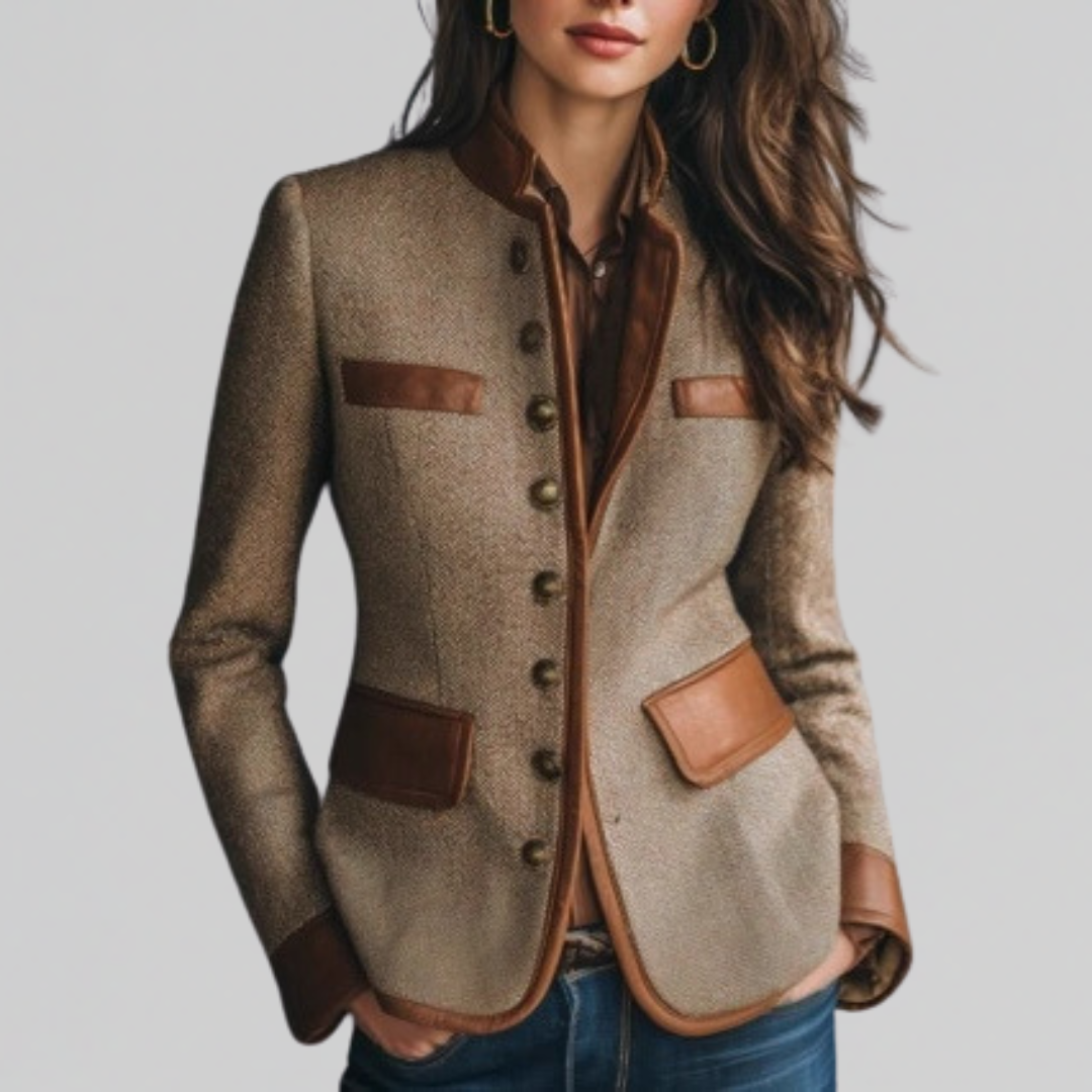 Woman wearing brown textured tailored jacket with structured collar