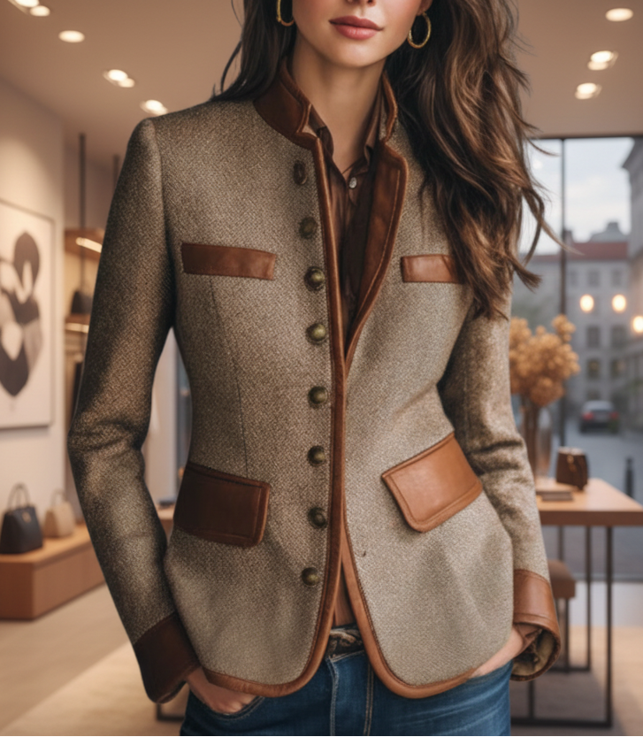 Woman wearing brown textured tailored jacket with structured collar