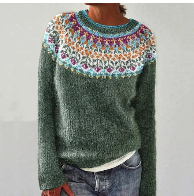 Woman wearing vintage style knit pullover sweater