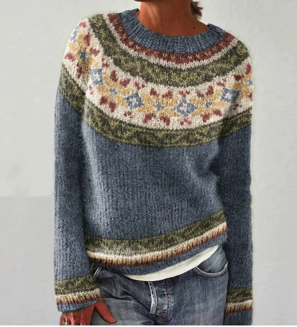 Woman wearing vintage style knit pullover sweater