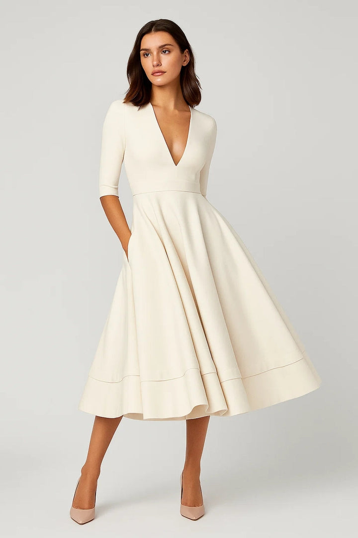 Elegant Midi Dress | Flared Fit | Deep V-Neck Feminine Silhouette for Timeless Mid-Season Style