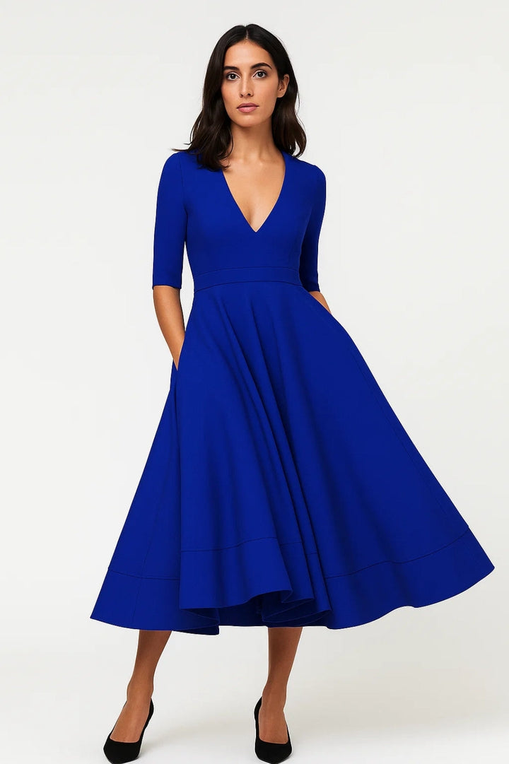 Elegant Midi Dress | Flared Fit | Deep V-Neck Feminine Silhouette for Timeless Mid-Season Style