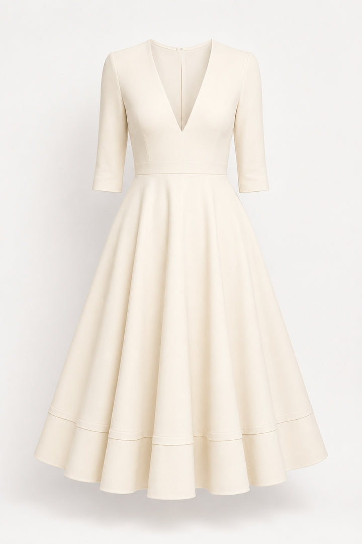 Elegant Midi Dress | Flared Fit | Deep V-Neck Feminine Silhouette for Timeless Mid-Season Style