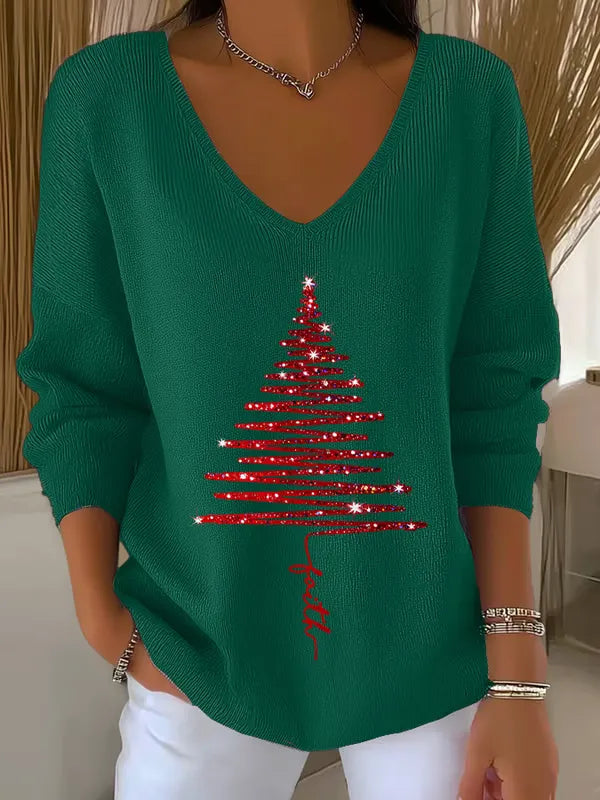 Woman wearing festive V-neck Christmas sweater indoors