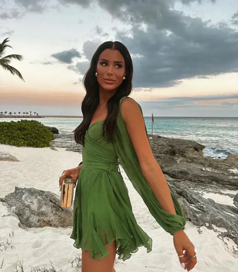 Woman wearing a flattering mini dress in black