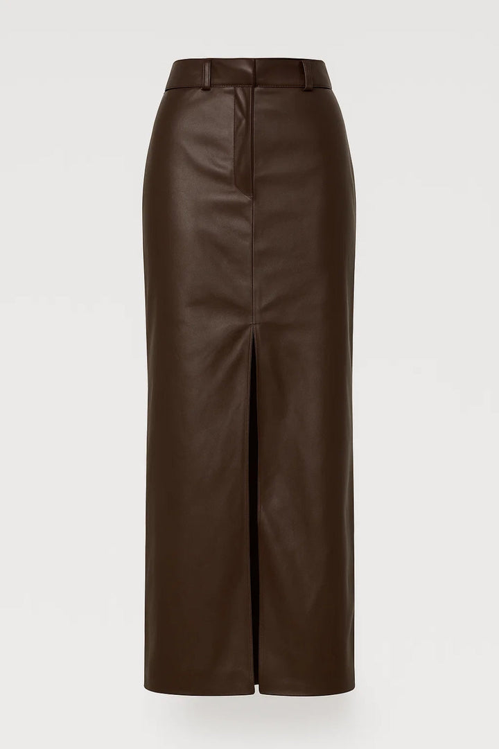 Victoria | High Waist Faux Leather Midi Skirt