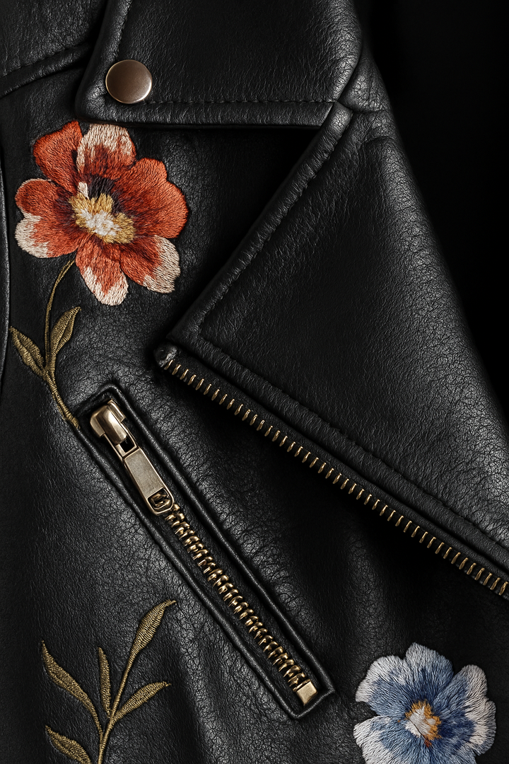 Tinsley | Embroidered Moto Faux Leather Jacket